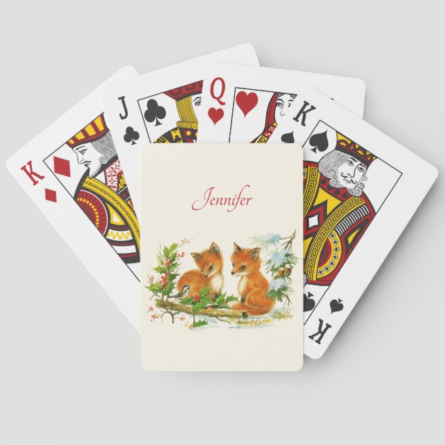 Cute Vintage Foxes Retro Christmas Scene Playing Cards (Back)