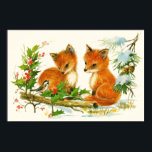 Cute Vintage Foxes Retro Christmas Scene Poster<br><div class="desc">A poster with a delightful drawing of a pair of foxes with a friendly bird nearby. Surrounded by holly and pine cones and other winter foliage.</div>