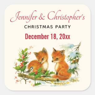 Cute Vintage Foxes Retro Christmas Scene Square Sticker