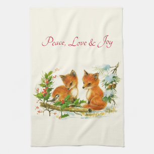 Cute Vintage Foxes Retro Christmas Scene Tea Towel