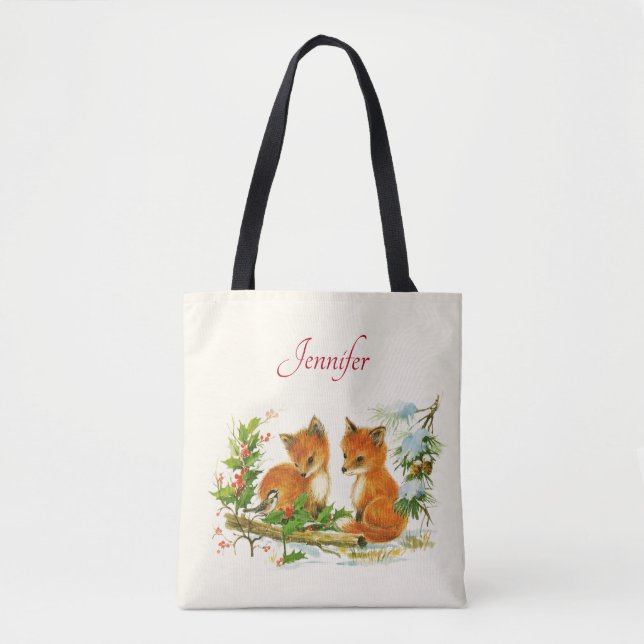 Cute Vintage Foxes Retro Christmas Scene Tote Bag (Front)