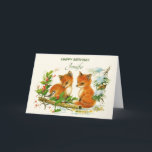 Cute Vintage Foxes Retro Winter Scene Birthday Card<br><div class="desc">Birthday card with a delightful drawing of a pair of foxes with a friendly bird nearby. Surrounded by holly and pine cones and other winter foliage.</div>