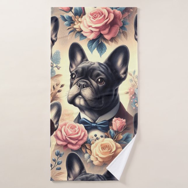 Cute Vintage French Bulldog  Painting Bath Towel (Bath Towel)