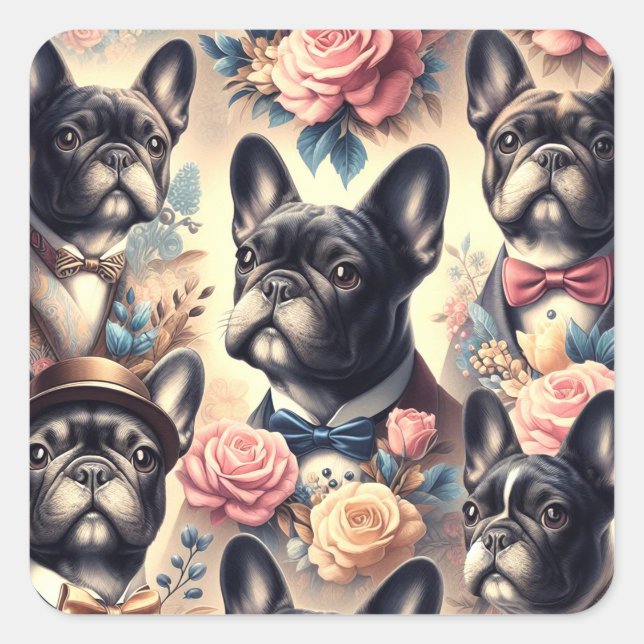 Cute Vintage French Bulldog  Painting Square Sticker (Front)