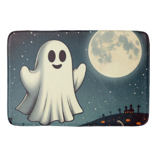 Cute, vintage ghost & pumpkin halloween art bath mat