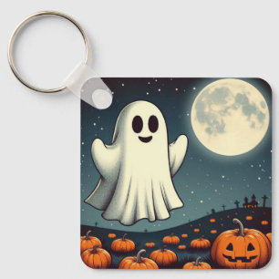 Cute, vintage ghost & pumpkin halloween art key ring