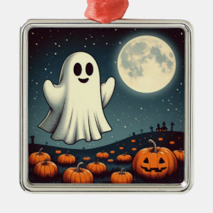 Cute, vintage ghost & pumpkin halloween art metal ornament