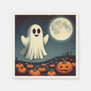 Cute, vintage ghost & pumpkin halloween art napkin