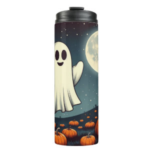 Cute, vintage ghost & pumpkin halloween art thermal tumbler