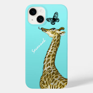Cute Vintage Giraffe Licking a Butterfly on Aqua Case-Mate iPhone 14 Case