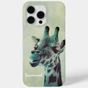 Cute Vintage Giraffe Watercolor Aqua Blue iPhone 15 Pro Max Case