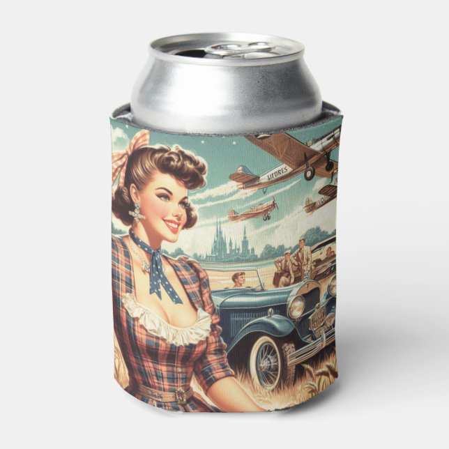 Cute Vintage Girl Illustration Can Cooler (Can Front)