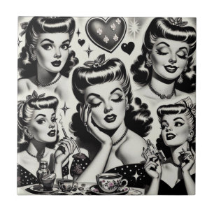 Cute Vintage Girl Illustration Ceramic Tile