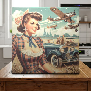 Cute Vintage Girl Illustration Ceramic Tile