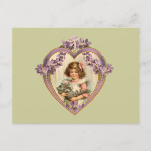 Cute Vintage Girl & Kitten Floral Heart Postcard