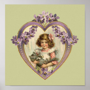 Cute Vintage Girl & Kitten Floral Heart Poster