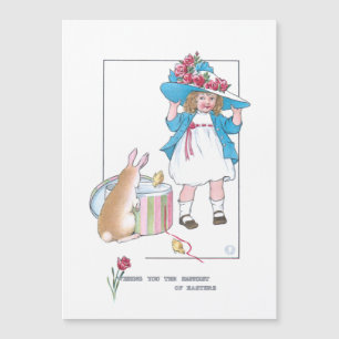 Cute Vintage Girl w/Easter Bonnet, Bunny & Chicks