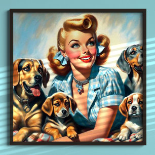Cute vintage girl with puppies poster