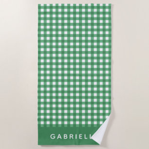 Cute Vintage Green Gingham Plaid Personalised Beach Towel