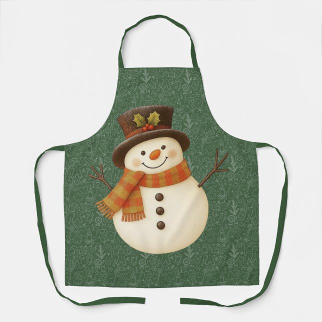 Cute, vintage green rustic snowman apron (Front)