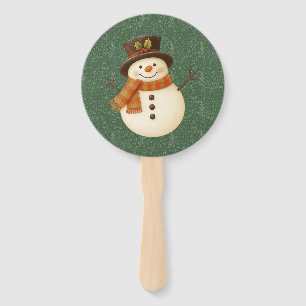 Cute, vintage green rustic snowman hand fan