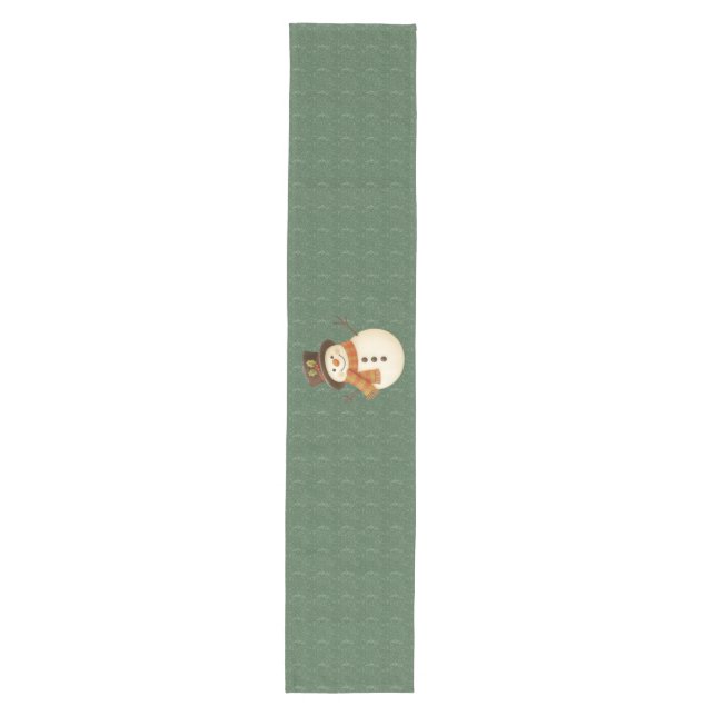 Cute, vintage green rustic snowman medium table runner (Front)