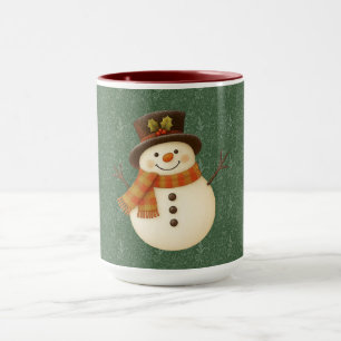 Cute, vintage green rustic snowman mug