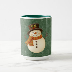 Cute, vintage green rustic snowman mug