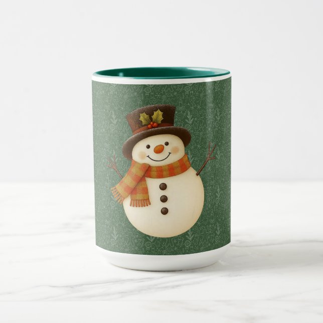 Cute, vintage green rustic snowman mug (Center)