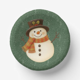Cute, vintage green rustic snowman paper plate
