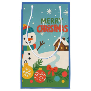 Cute, vintage green rustic snowman small gift bag