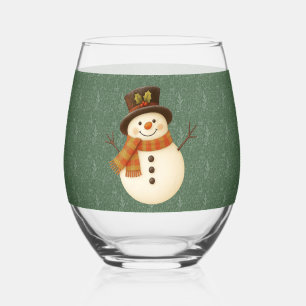 Cute, vintage green rustic snowman stemless wine glass