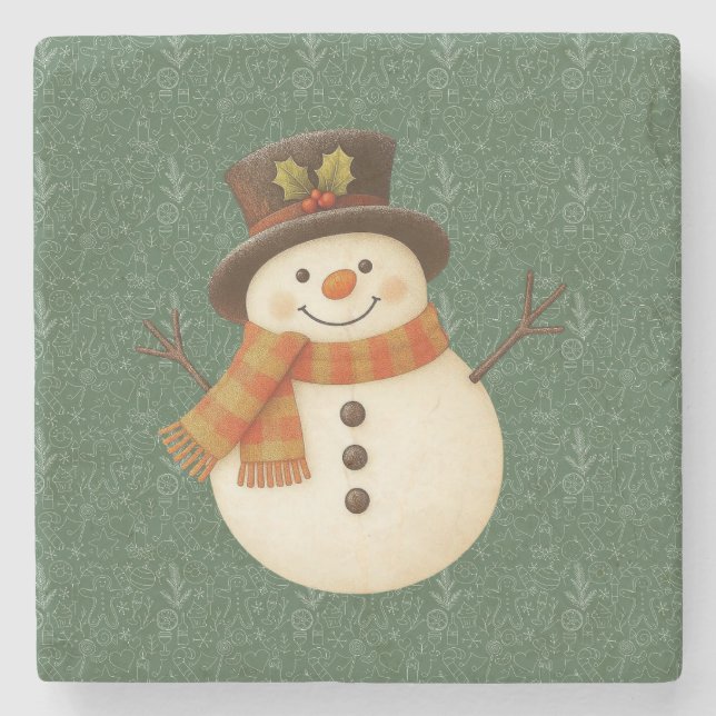 Cute, vintage green rustic snowman stone coaster (Front)