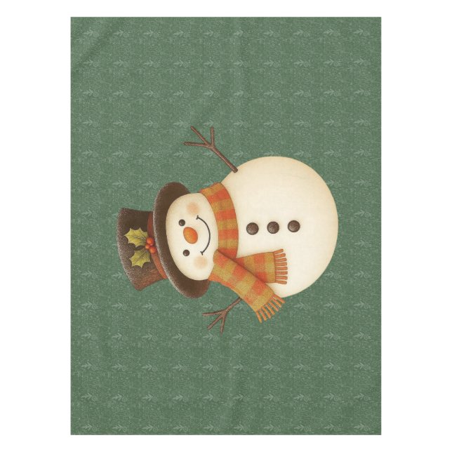Cute, vintage green rustic snowman tablecloth (Front)