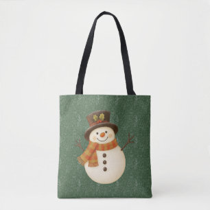Cute, vintage green rustic snowman tote bag