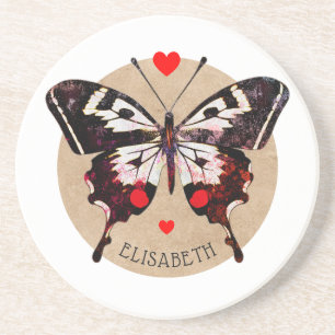  Cute Vintage Grunge Butterfly And Hearts Add Name Coaster