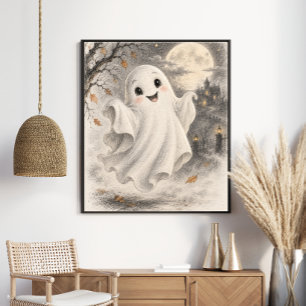 Cute Vintage Halloween Ghost Under Full Moon Poster