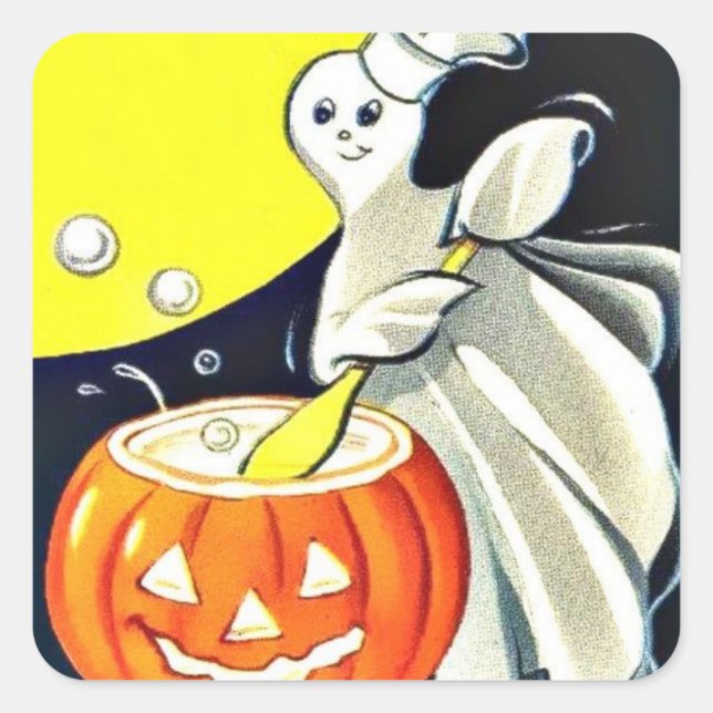 Cute Vintage Halloween Ghost With Pumpkin Square Sticker (Front)