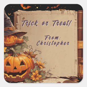 Cute Vintage Halloween Storybook Pumpkin Custom Square Sticker