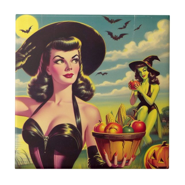 Cute Vintage Halloween Witch Pin-up Ceramic Tile (Front)