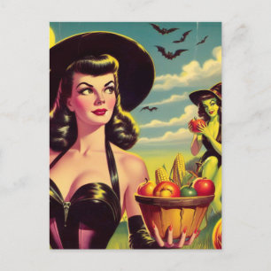Cute Vintage Halloween Witch Pin-up Postcard