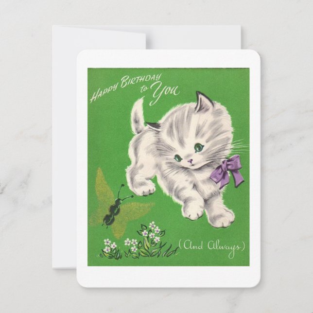 Cute Vintage Happy Birthday White Kitten Holiday Card (Front)