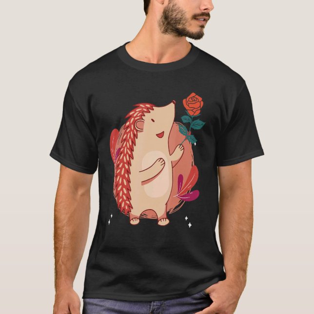 Cute Vintage Hedgehog And Flower Art T-Shirt (Front)