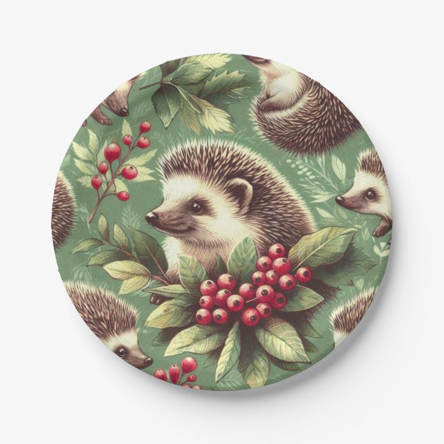 Cute Vintage Hedgehog Pattern Paper Plate (Front)