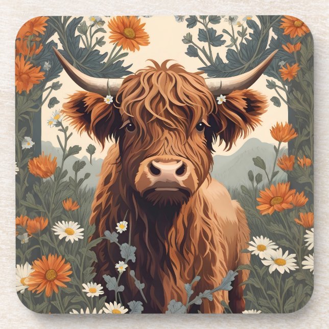 Cute Vintage Highland Cow  Coaster (Front)