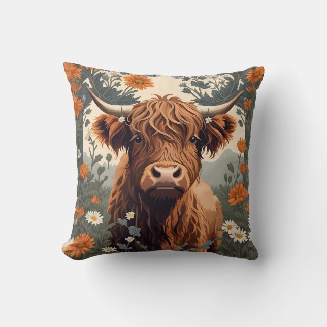 Cute Vintage Highland Cow  Cushion (Front)