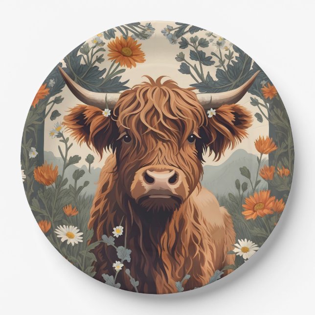 Cute Vintage Highland Cow  Paper Plate (Front)