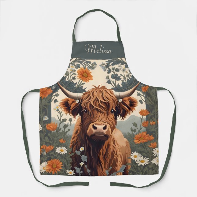 Cute Vintage Highland Cow Personalised Name Apron (Front)