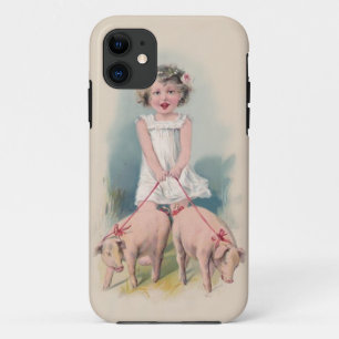 Cute Vintage Iphone Case - Young Gril Walking Pigs