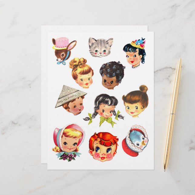 Cute Vintage Kids Heads Clipart Sheet (Front/Back In Situ)